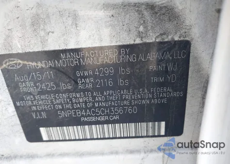 2012 Hyundai Sonata Gls z USA, uszkodzony, nr VIN 5NPEB4AC5CH356760